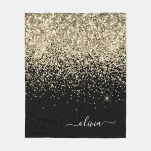 Guld Svart Tjej Glitter Glans Monogram Namn Fleecefilt