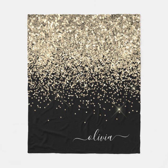 Guld Svart Tjej Glitter Glans Monogram Namn Fleecefilt (Framsidan)