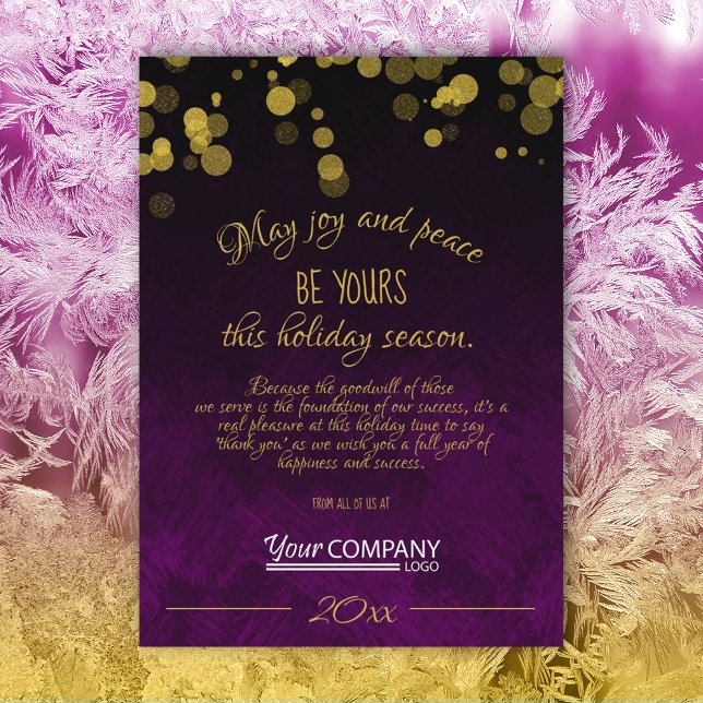 Guld, svart, violett julkort inbjudningar (dark plum purple violet gold shimmer lights gold script text company holiday christmas cards w/logo)