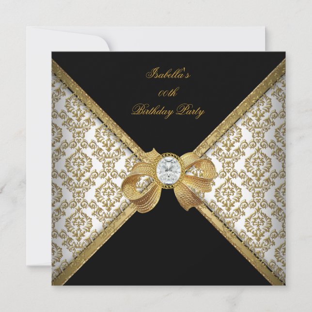 Guld Svart Vit Juvel Damast Födelsedagsfest 2 Inbjudningar (Framsida)