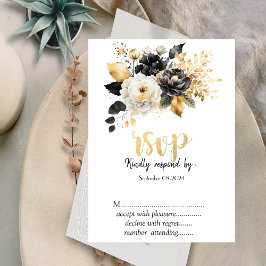 Guld Svart Vita Blommor RSVP Inbjudningar