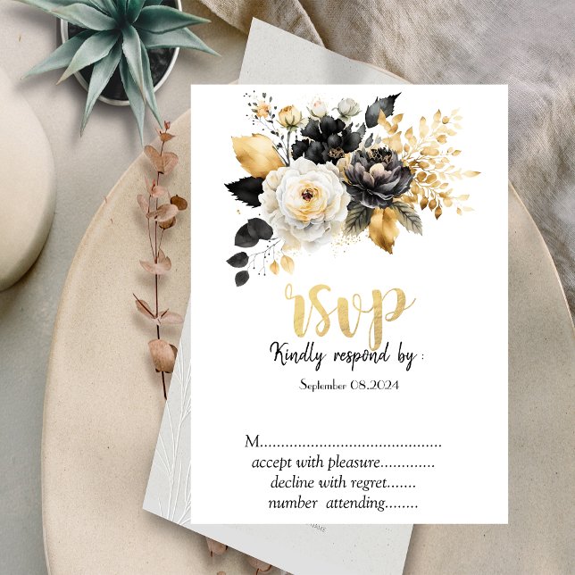Guld Svart Vita Blommor RSVP Inbjudningar (Skapare uppladdad)