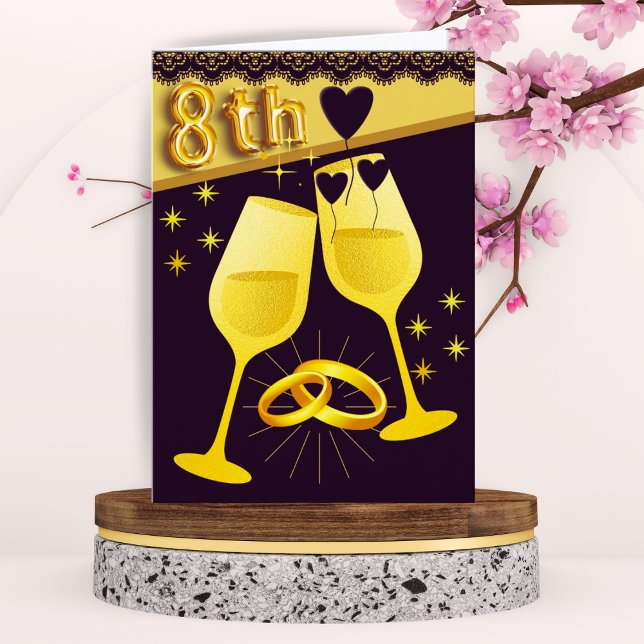 Guld svarta 8-årsjubileum kort med Ringar Hjärter (Skapare uppladdad)