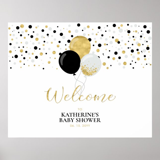 Guld & Svarta Ballonger Modern Bebis Shower Välkom Poster (Framsidan)