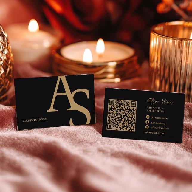 Guld Svarta Initialer Logo Sminkartist QR-kod Visitkort (Gold Black Initials Logo Makeup Artist QR Code Business Card)