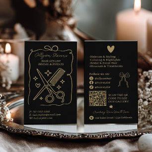 Guld Svarta Retro Klotter Frisör QR-kod Visitkort