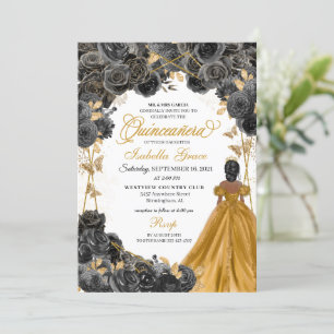 Guld Svarta Rosor Fjäril Glitter Quinceañera Inbjudningar