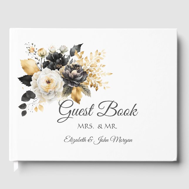 Guld Svarta Vita Blommor Gästböcker (Framsida)