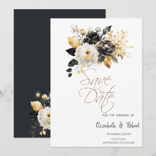 Guld Svarta Vita Blommor Spara Datum Datumet (Fram/baksida)