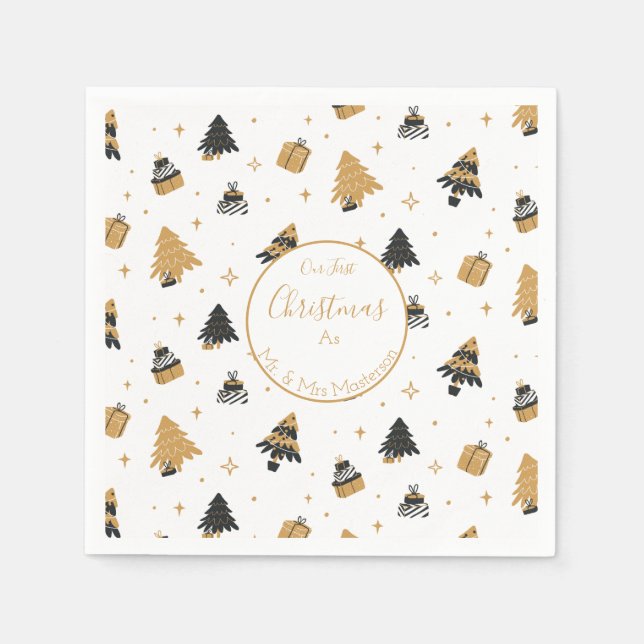Guld Svarte Träd Mönster, första jul, Papper Pappersservett (Framsidan)