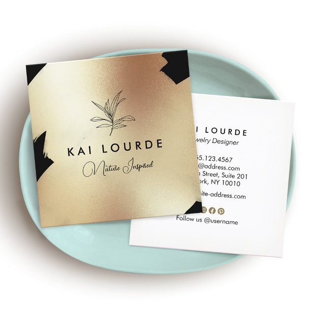 Guld Svartfärgad Abstrakt Löv Gren Fyrkantigt Visitkort (Skapare uppladdad)