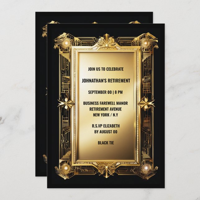 Guld svartfoto pension farewell art deco inbjudningar (Fram/baksida)