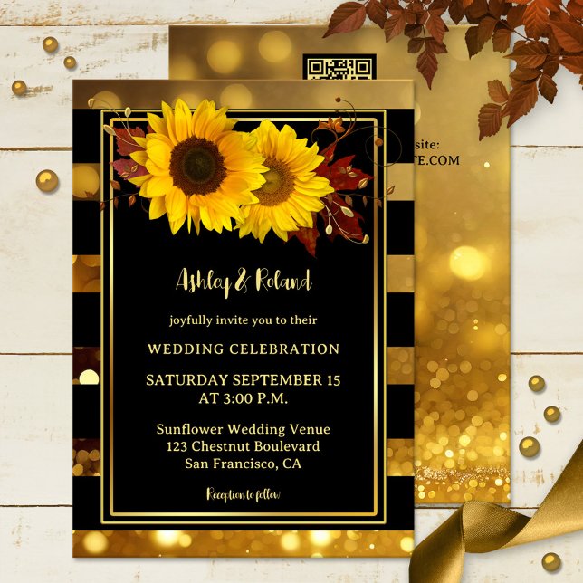 Guld Svartstripe Solrosblomma Bröllop Inbjudningar (Wedding invitation featuring sunflowers and autumn leaves on black and sparkling gold stripes)