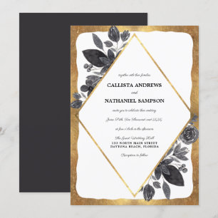 Guld Svartvit Blommigt Diamond Gräns Bröllop Inbjudningar