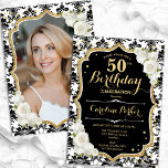 Guld Svartvit Damaskfoto 50:e födelsedagen Inbjudningar<br><div class="desc">Femininininbjudan till elegantens blommigt på 50 års födelsedag med ditt foto på baksidan av kortet. Glam svartvit design med faux glitter guld. Innehåller svartvit dämpningsmönster, ro, skriptteckensnitt och kontur. Perfekt för en snyggt vuxen under firande party. Anpassa med dina egna detaljer. Kan anpassas för vilken ålder som helst! Skrivna Zazzle-inbjudningar...</div>