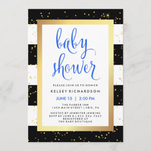 Guld- svartvit randbaby shower med blått inbjudningar