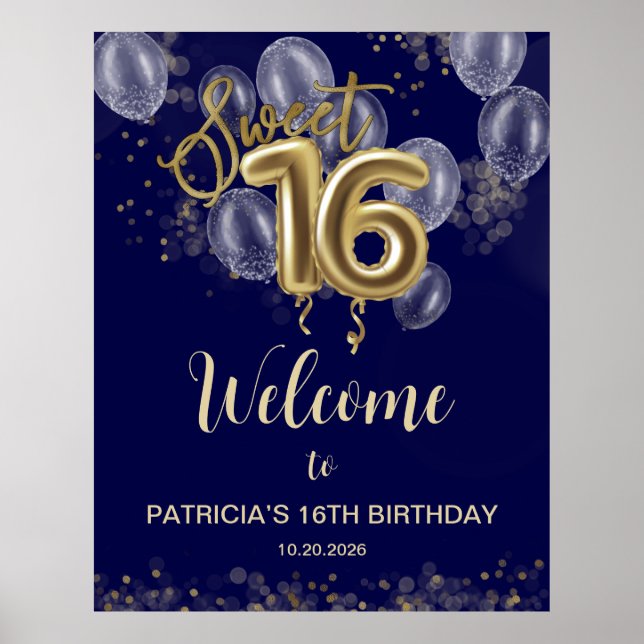 Guld Sweet 16 Balloons Royal Blue Welcome Sign Poster (Framsidan)