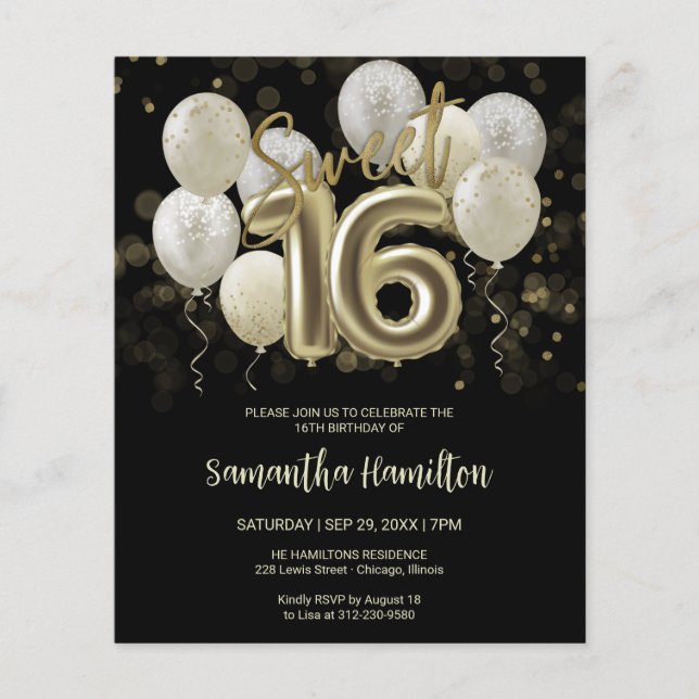 Guld Sweet 16 Bday Balloons Black Budge-inbjudan (Framsida)