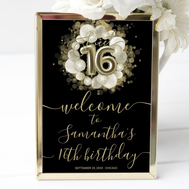 Guld Sweet 16 Bday Balloons Black Welcome Sign Poster (Skapare uppladdad)