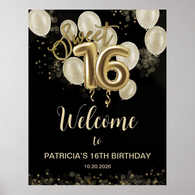 Guld Sweet 16 Bday Balloons Black Welcome Sign Poster (Framsidan)