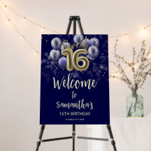 Guld Sweet 16 Bday Balloons Blue Welcome Sign