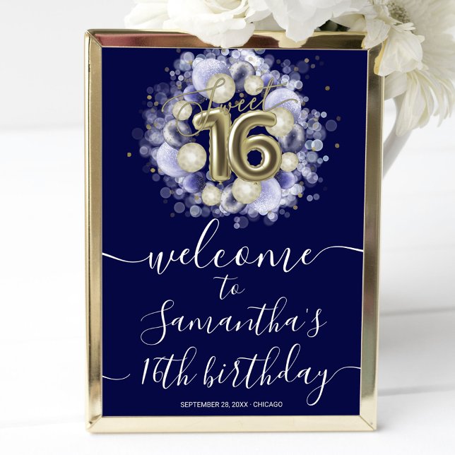 Guld Sweet 16 Bday Balloons Blue Welcome Sign Poster (Skapare uppladdad)