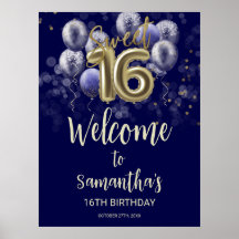 Guld Sweet 16 Bday Balloons Blue Welcome Sign