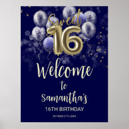Guld Sweet 16 Bday Balloons Blue Welcome Sign Poster