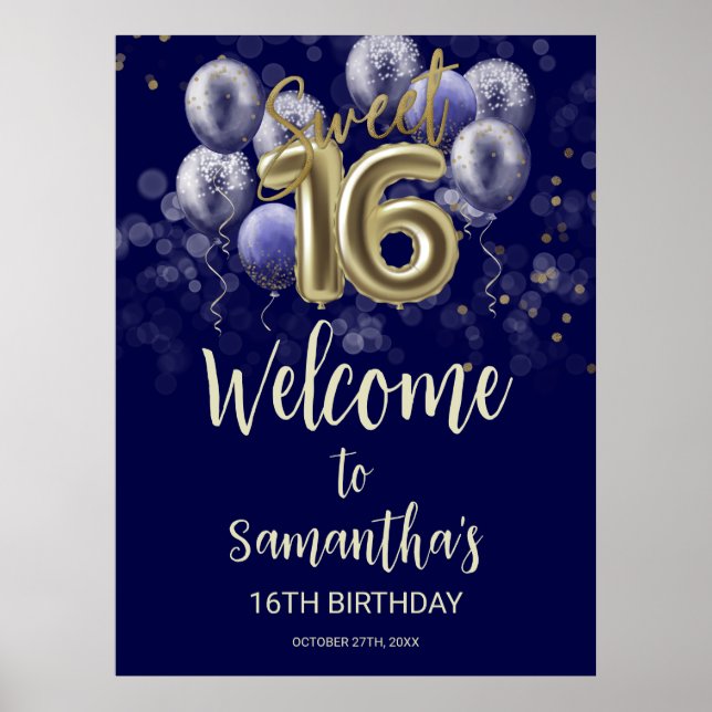 Guld Sweet 16 Bday Balloons Blue Welcome Sign Poster (Framsidan)