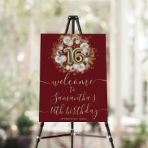 Guld Sweet 16 Bday Balloons Burgundy Välkomstskylt