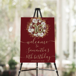 Guld Sweet 16 Bday Balloons Burgundy Välkomstskylt Poster