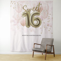 Guld Sweet 16 Bday Balloons Party Rosa BackDrop