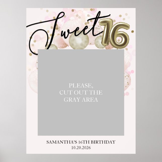 Guld Sweet 16 Bday Balloons Photo Prop Rosa Poster (Framsidan)