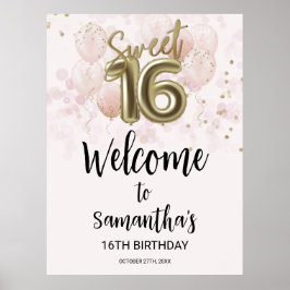 Guld Sweet 16 Bday Balloons Rosa Välkomstskylt Poster