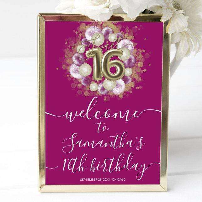 Guld Sweet 16 Bday Balloons Shock rosa Välkomstsky Poster (Skapare uppladdad)