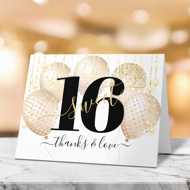 Guld Sweet 16 Birthday Balloons Modern lyxglas Tack Kort (Skapare uppladdad)