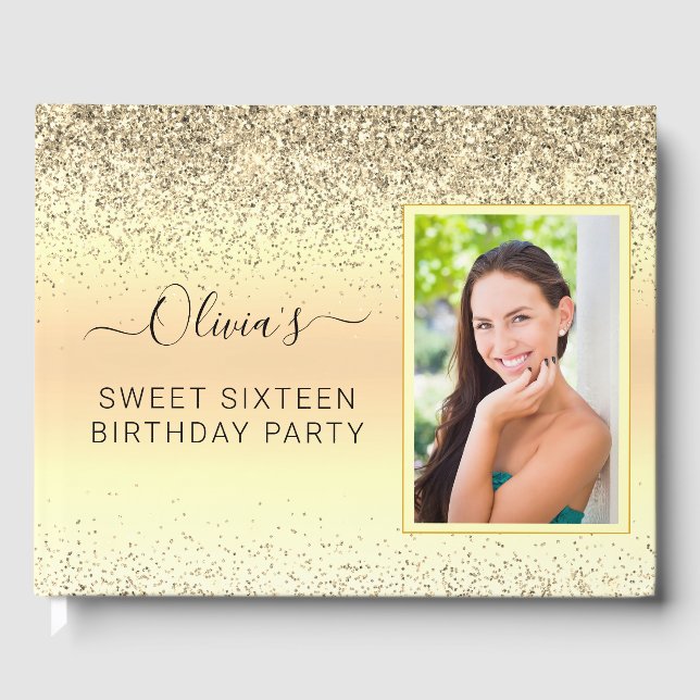 Guld Sweet 16:e födelsedagen Gnistra Glitter Photo Gästböcker (Framsida)