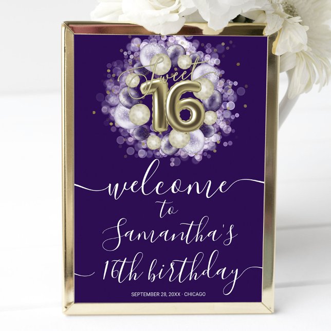 Guld Sweet 16 Födelsedagsballonger Lila Välkomstsk Poster (Skapare uppladdad)