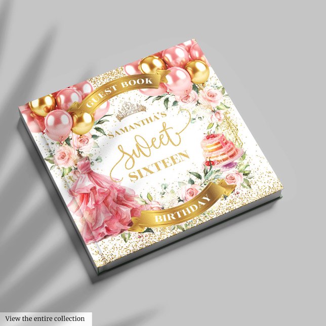  Guld Sweet 16 Guest Bok Watercolor (Chic Blush Gold Guest Book Sweet Sixteen)