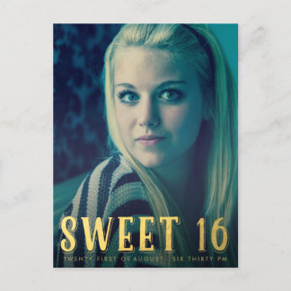 Guld Sweet 16 Sexton Party fotovykort Inbjudan Vykort