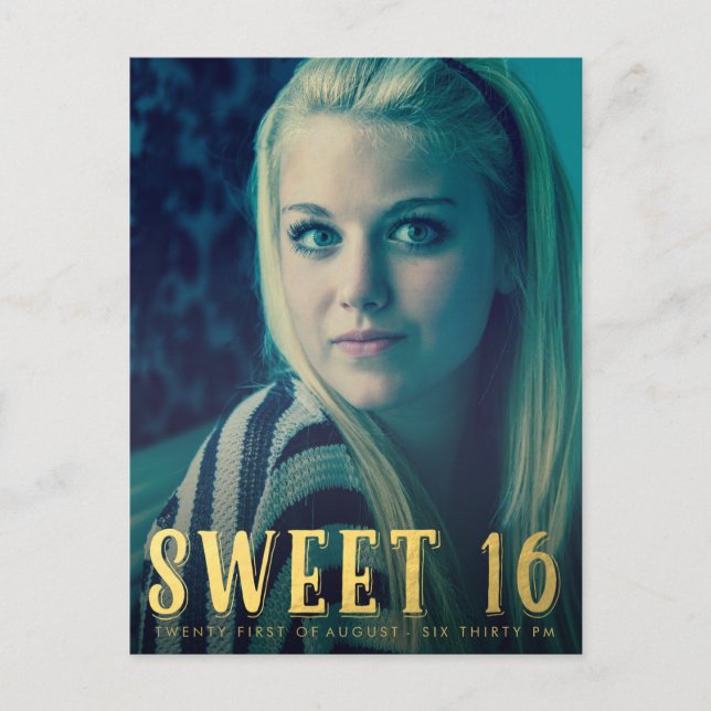 Guld Sweet 16 Sexton Party fotovykort Inbjudan Vykort (Framsida)