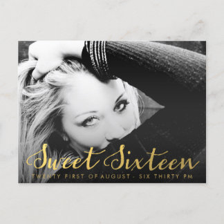 Guld Sweet 16 Sexton Party fotovykort Inbjudan Vykort