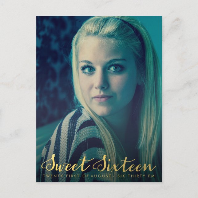 Guld Sweet 16 Sexton Party fotovykort Inbjudan Vykort (Framsida)