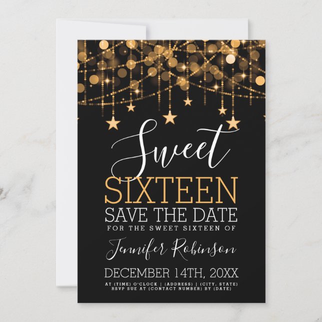 Guld Sweet 16 Sparkly String Ljus Spara Date Datumet (Framsida)