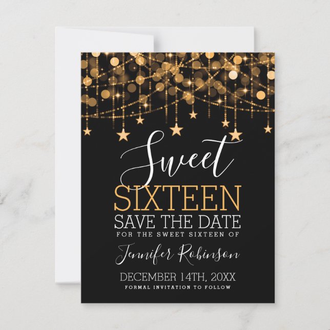 Guld Sweet 16 Sparkly String Ljus Spara Date Datumet (Framsida)