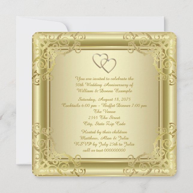 Guld Swirl 50:e Bröllop-årsdagen Party Inbjudningar (Baksida)