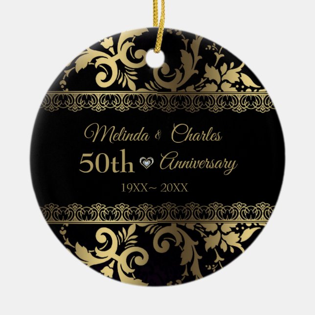 Guld Swirl Damask och Snöre Julgransprydnad Keramik (Framsidan)