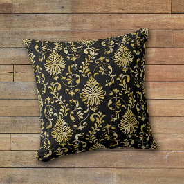 Guld Swirl Damask Pattern på Black Kudde