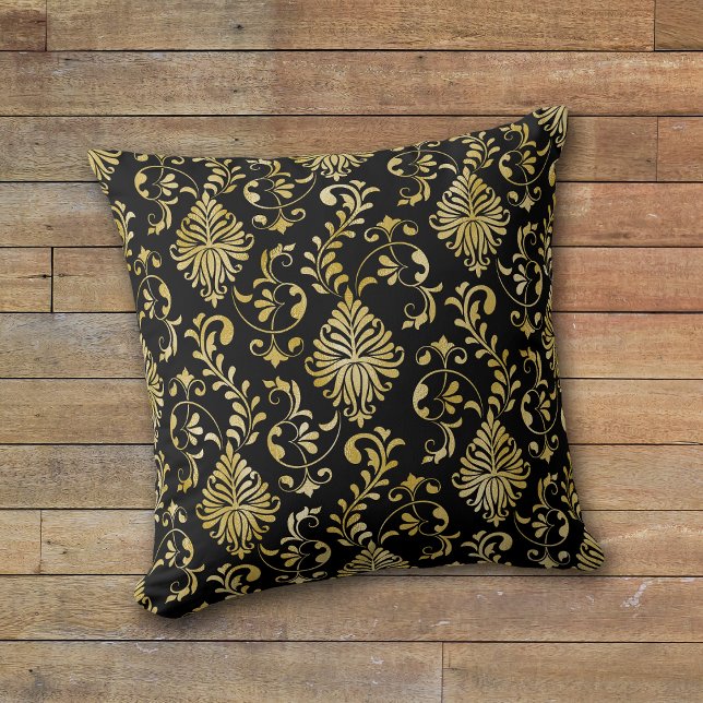 Guld Swirl Damask Pattern på Black Kudde (Skapare uppladdad)