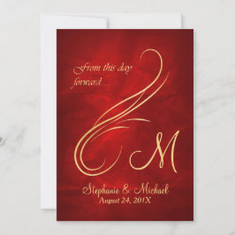 Guld Swirl Monogram Bright Red Bröllop Inbjudningar
